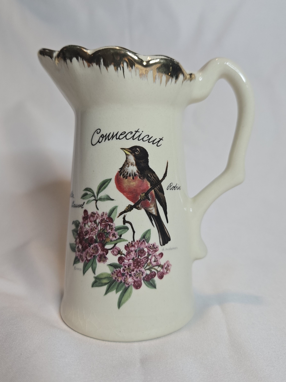 Vintage Connecticut Souvenir Ceramic Creamer American Robin by D. Rudeman